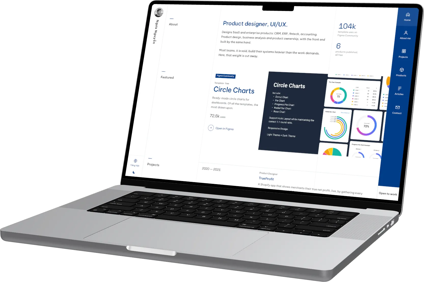 The ontheshore.biz home page on a silver 16-inch MacBook Pro, turned to the left.
